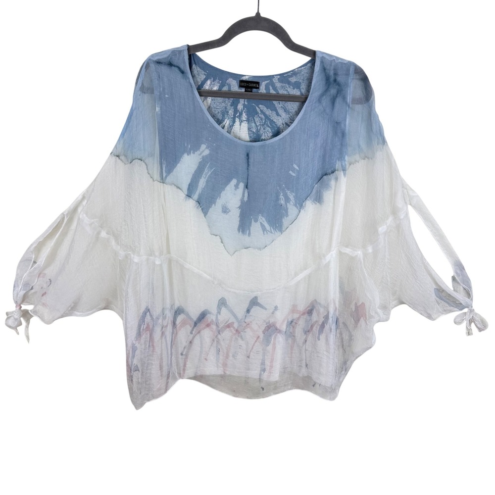Coco + Carmen Blue Tie Dye Split Tie Sleeve Poncho Blouse Top Womens Large XL